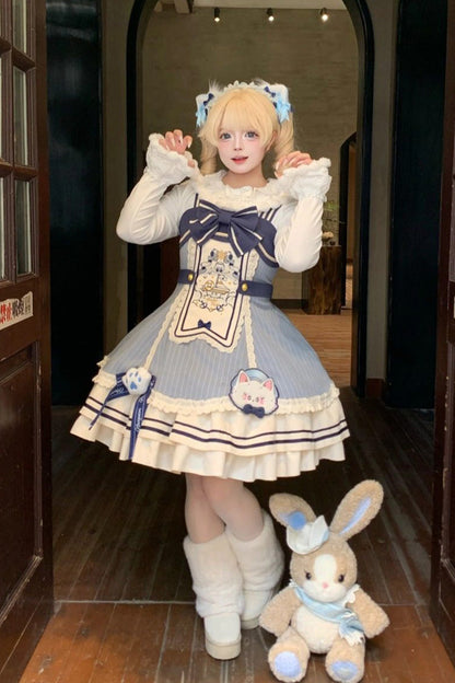 Blue/Ivory [Ride the Wind and Waves] Double-Layered Printed Ruffled Bow Lace Sweet Lolita Jsk Dress Set (Coat Included)