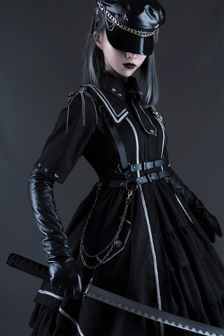 Black [Sunset Universe] Short Sleeves Cardigan Lace Gothic Military Handsome Lolita Dress Full Set