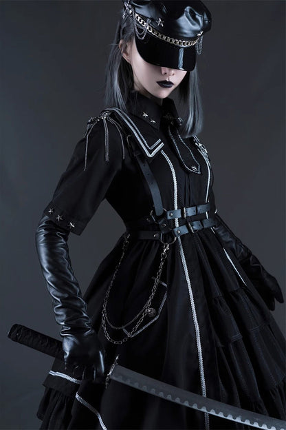 Black [Sunset Universe] Short Sleeves Cardigan Lace Gothic Military Handsome Lolita Dress Full Set