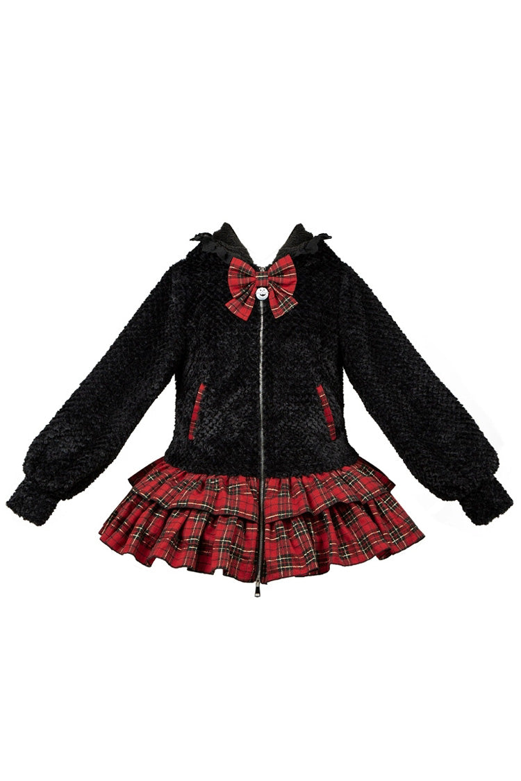 Black/Red [Night Cat] Plaid Print Ruffle Bowknot Hooded Sweet Lolita Skirt Coat
