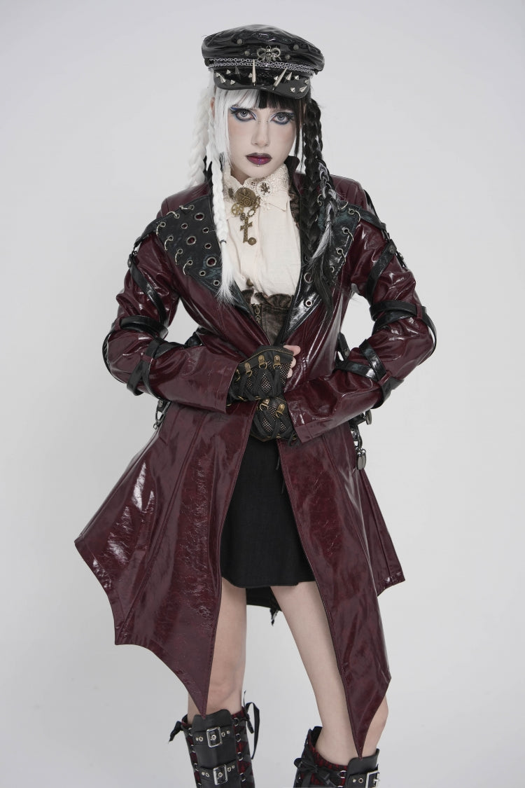 Red Lapel Collar Long Sleeves Lace-Up Irregular Eyelets & Rings Women's Punk Coat