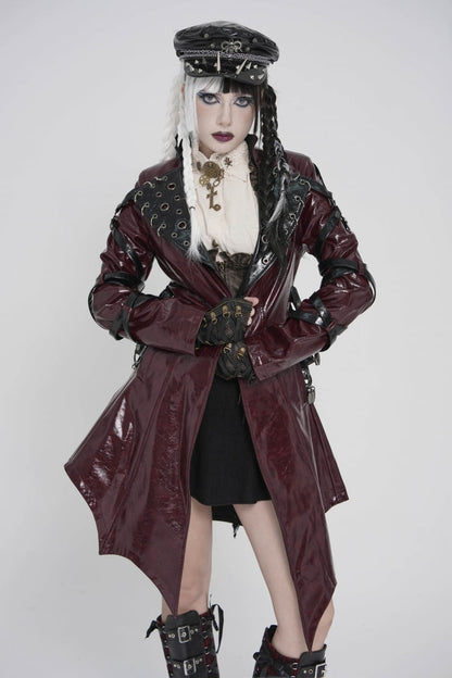 Red Lapel Collar Long Sleeves Lace-Up Irregular Eyelets & Rings Women's Punk Coat