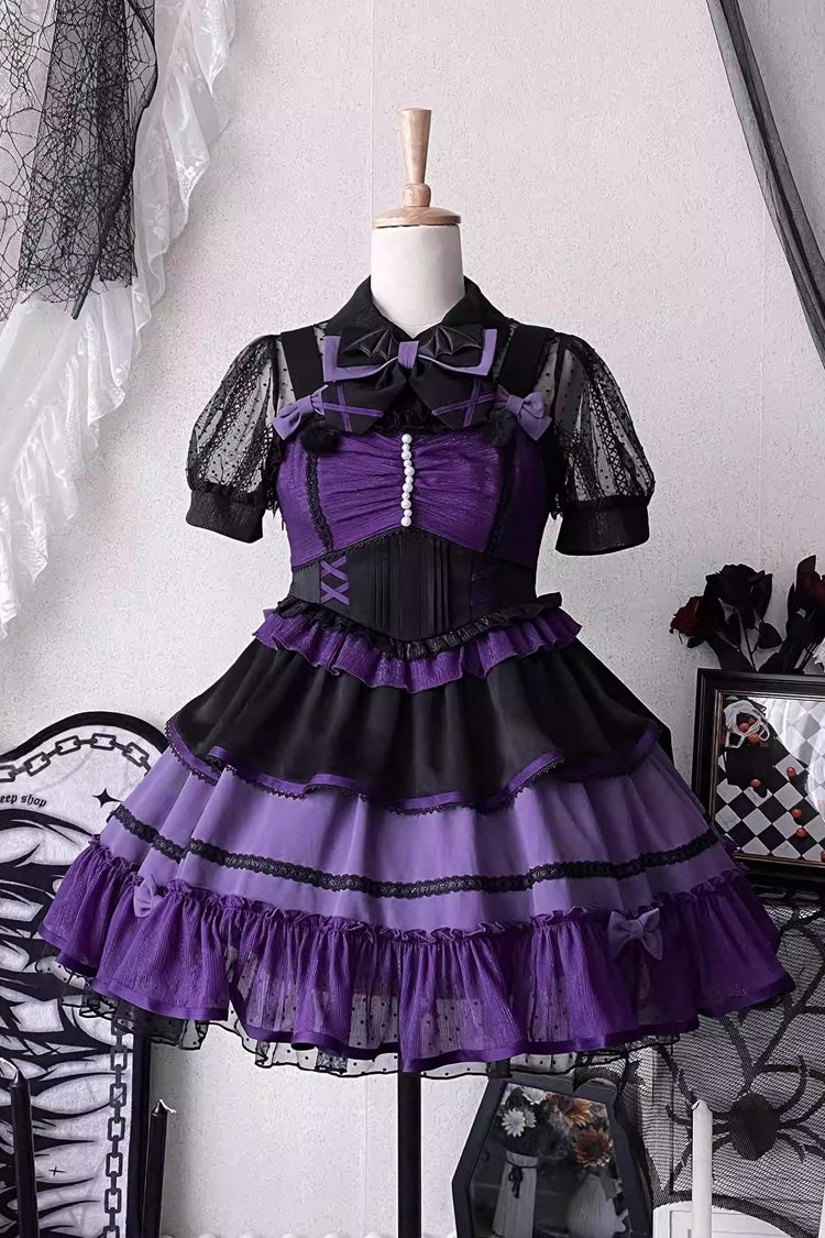 Black/Purple [Cotton Cloud] Lapel Collar Ruffle Bowknot Lace-Up Gothic Lolita Jsk Dress