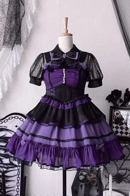 Black/Purple [Cotton Cloud] Lapel Collar Ruffle Bowknot Lace-Up Gothic Lolita Jsk Dress