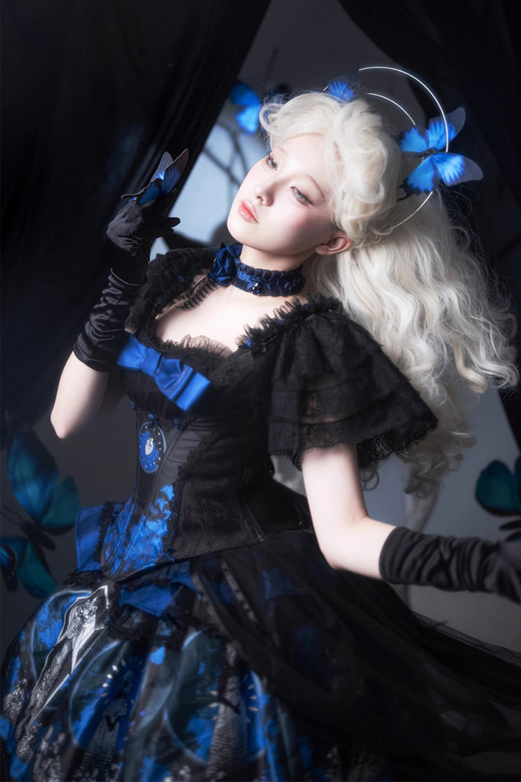 Blue [Dark Moon Corridor] Print Embroidery Gothic Lolita Dress Skirt