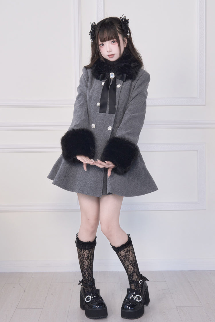 Grey Double-Breasted Long Sleeves Bowknot Japanese Sweet Lolita Coat