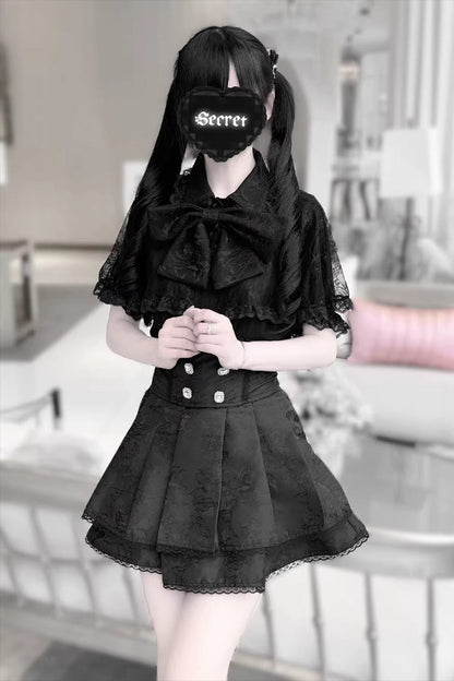 [Dark Moon Shadow] Short Sleeves Double-Layered Ruffled Embroidered Bow Lace-Up Gothic Jirai Kei Lolita Top + Skirt Set