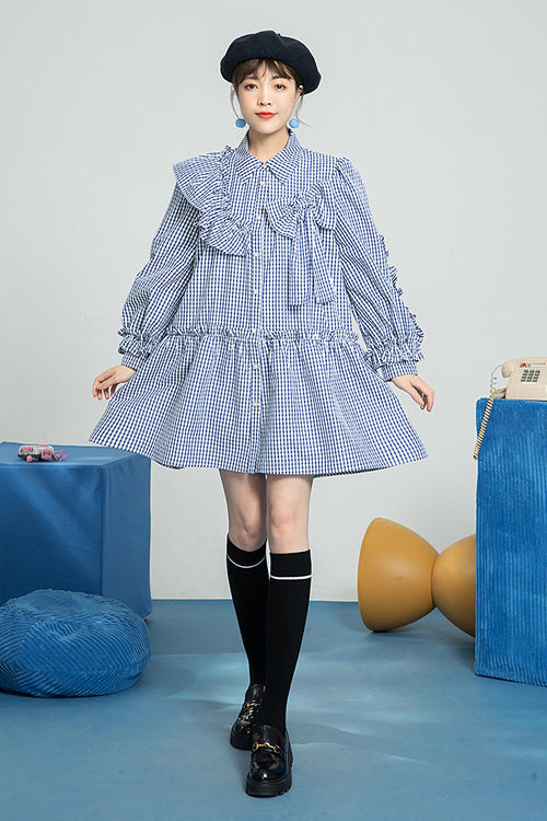 Blue Plaid Print Bow Ruffled Long Sleeves Single Breasted Sweet Lolita OP Dress