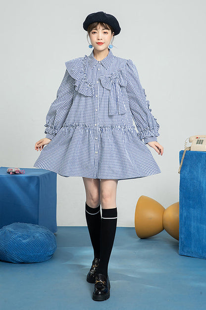 Blue Plaid Print Bow Ruffled Long Sleeves Single Breasted Sweet Lolita OP Dress