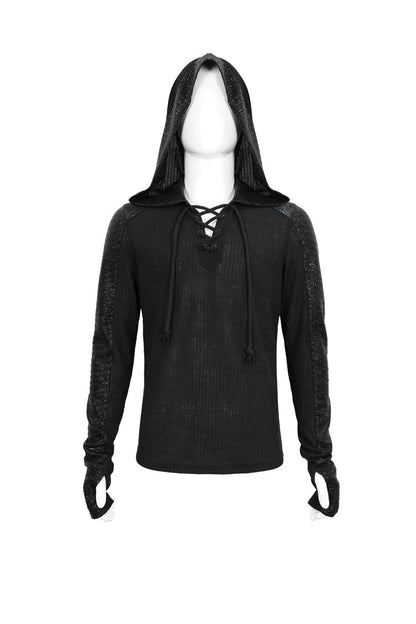 Black Trendy Dark Tether V-Neck Panel Knit Hooded Men's Punk T-Shirt