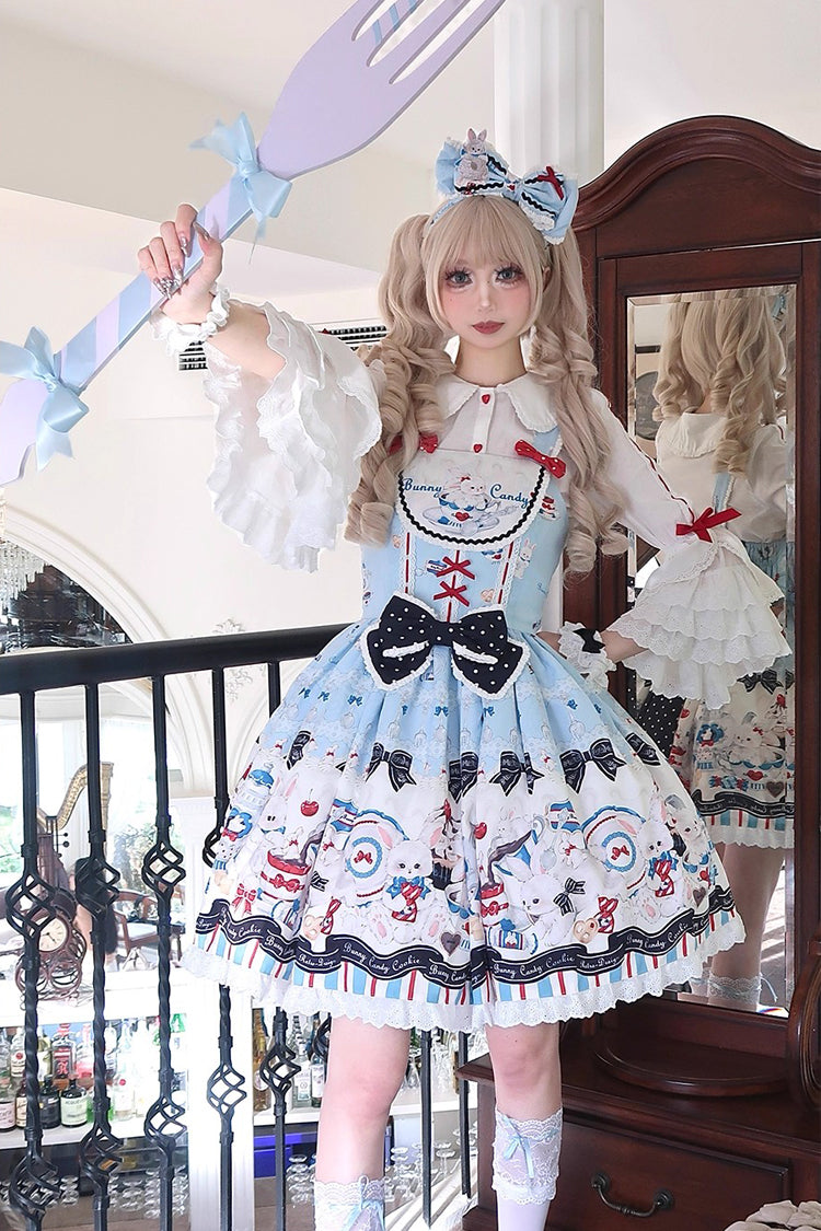 Blue [Mystery Rabbit Tea Party] Sleeveless Print Ruffle Bowknot Lace Sweet Lolita Jsk Dress
