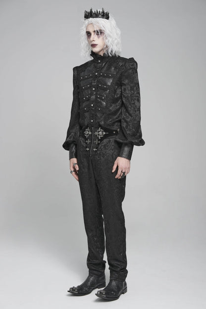 Black Stand Collar Long Lantern Sleeves Floral Print Embroidery Men's Gothic Blouse
