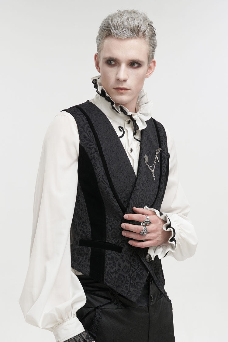 Black Slim Fit Retro Jacquard Chest Metal Chain Cross Men's Gothic Vest