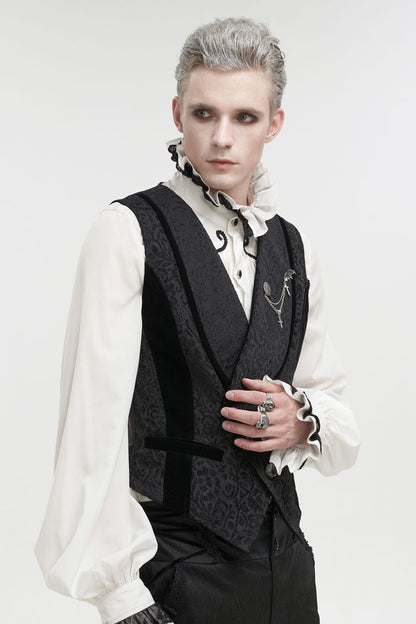 Black Slim Fit Retro Jacquard Chest Metal Chain Cross Men's Gothic Vest