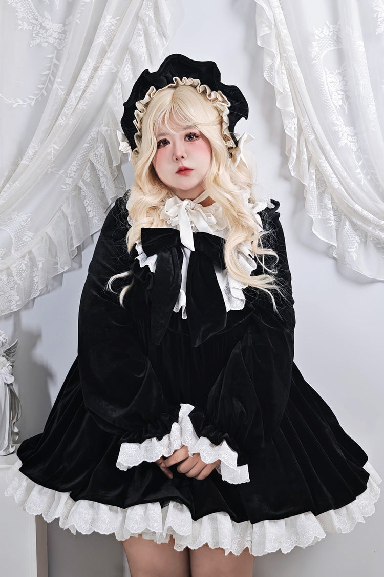 Black [Antique Velvet Doll] Stand Collar Long Sleeves Ruffled Bow Gothic Plus Size Lolita Dress