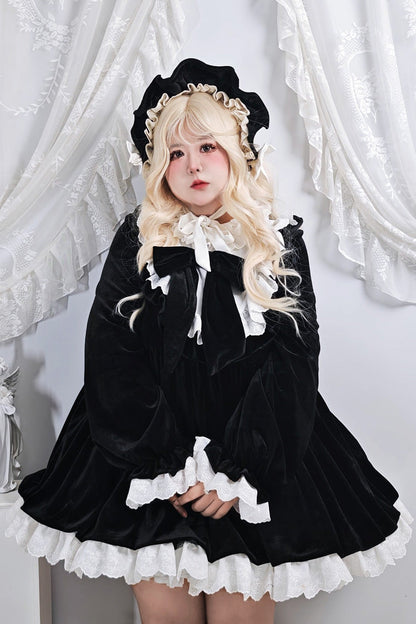 Black [Antique Velvet Doll] Stand Collar Long Sleeves Ruffled Bow Gothic Plus Size Lolita Dress