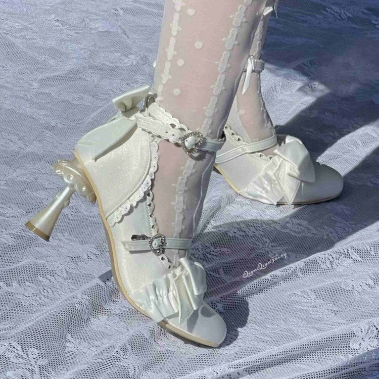 Ruffled Bow Lace Sweet Elegant Lolita Pointed Toe High Heels 4 Colors