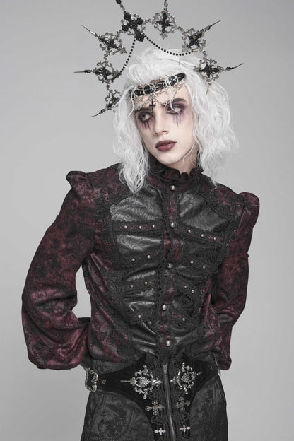 Black/Red Stand Collar Long Lantern Sleeves Floral Print Embroidery Men's Gothic Blouse