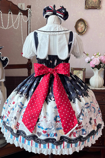 Black [Mystery Rabbit Tea Party] Sleeveless Print Ruffle Bowknot Lace Sweet Lolita Jsk Dress