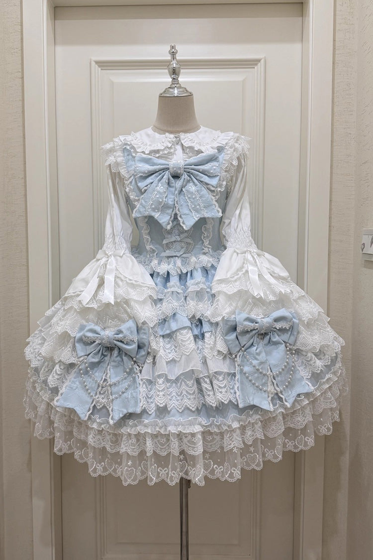 Blue [Knot of the Crossed Heart] Sleeveless Multi-Layered Ruffle Hanayome Cardigan Bowknot Lace Lace-Up Sweet Lolita Jsk Dress
