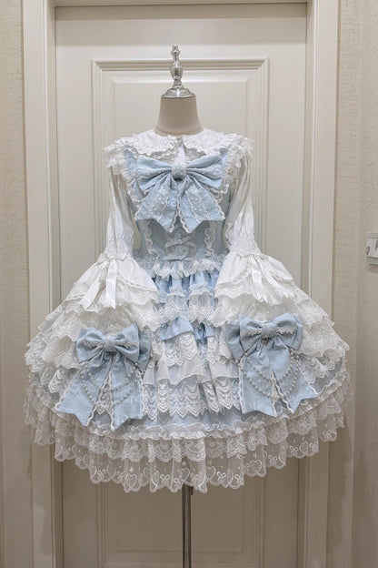 Blue [Knot of the Crossed Heart] Sleeveless Multi-Layered Ruffle Hanayome Cardigan Bowknot Lace Lace-Up Sweet Lolita Jsk Dress