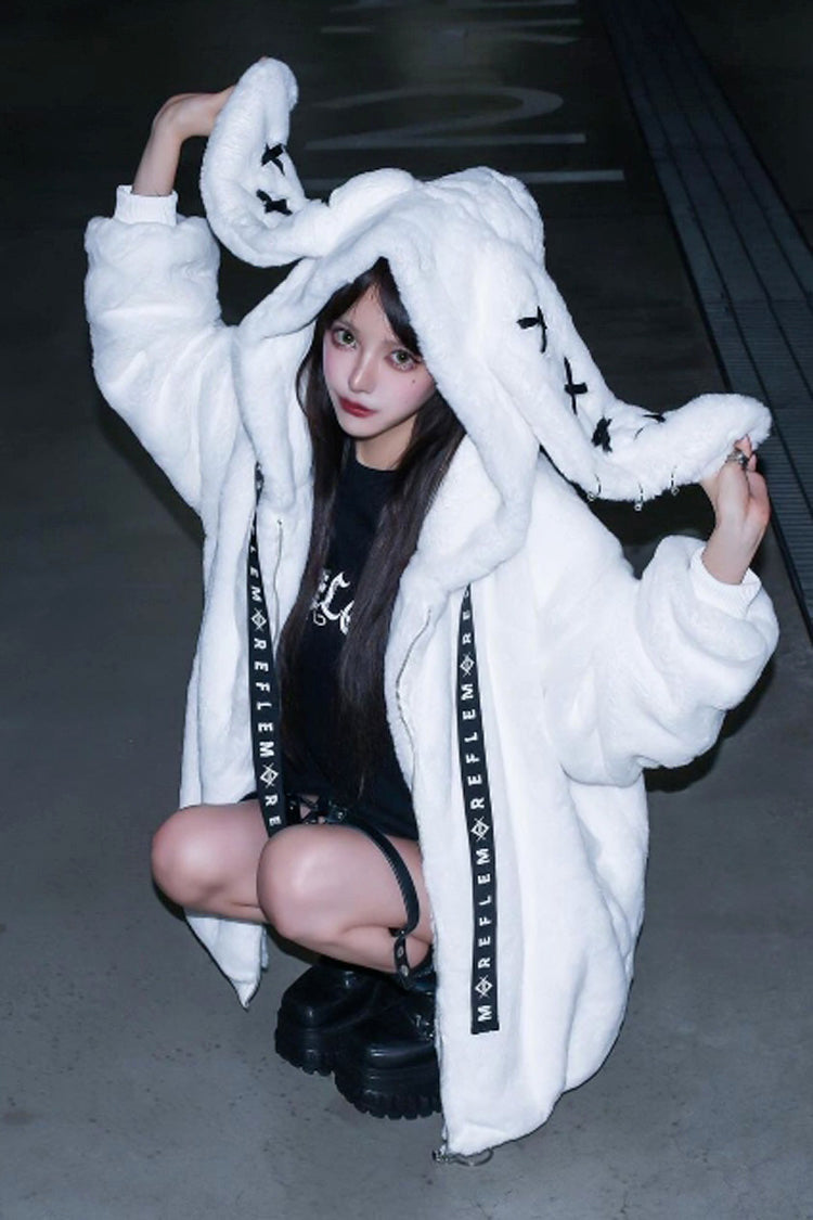 White Rabbit Ears Long Sleeves Hooded Punk Jirai Kei Coat