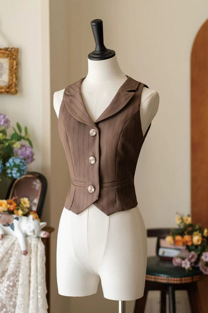 Brown V Collar Printed Classic Vintage College Style Ouji Lolita Vest