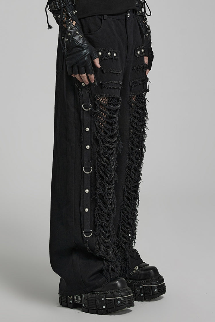 Metal Rivet Decoration Stitching Mesh Ripped Men's Steampunk Straight Pants 2 Colors