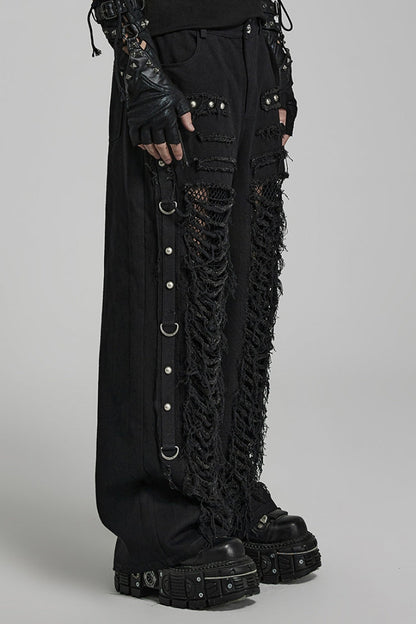 Metal Rivet Decoration Stitching Mesh Ripped Men's Steampunk Straight Pants 2 Colors