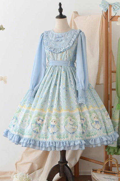 Blue [Lily of the Valley Cat] Print Ruffle Embroidery Bowknot Sweet Lolita Dress