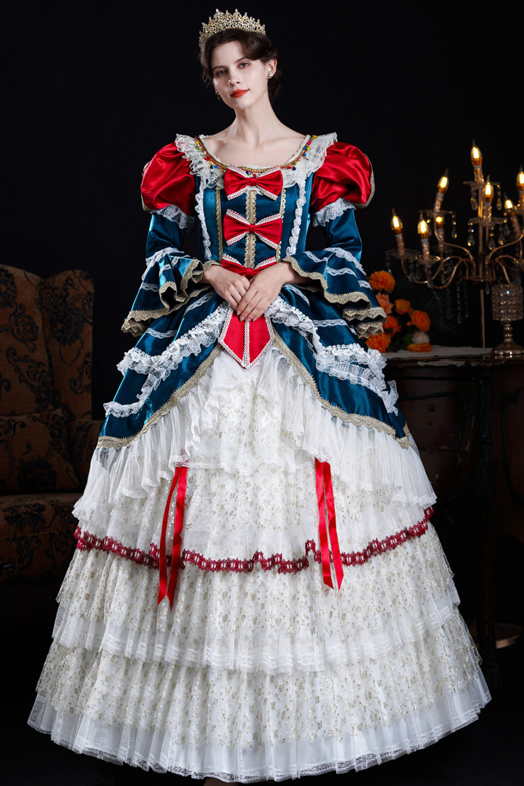Blue/Ivory Round Collar Long Hime Sleeves Triple-Layered Ruffled Open-Front Bow Lace Classic Vintage Palace Lolita Victorian Dress