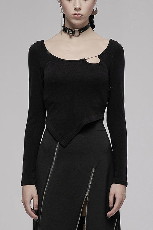 Black Asymmetric Hem Design Sexy Hollow Metal Cross-Chain Decoration Long Sleeve Women's Punk T-Shirt