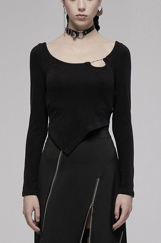 Black Asymmetric Hem Design Sexy Hollow Metal Cross-Chain Decoration Long Sleeve Women's Punk T-Shirt