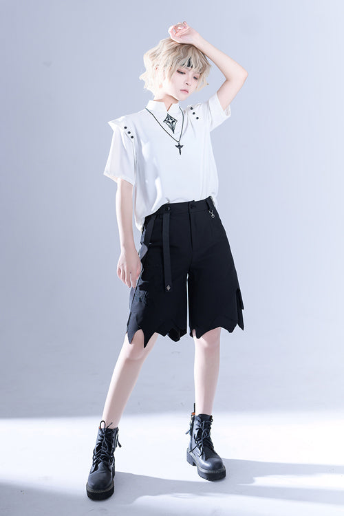 White Stand Collar Shoulder Expansion Spooky Shadow Embroidered Ouji Lolita Short Sleeves