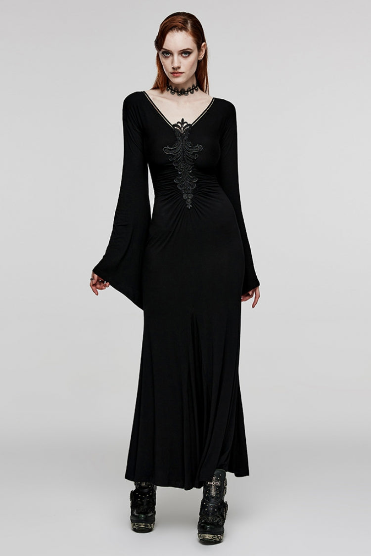 Black V Collar Long Sleeves Floral Embroidery Women's Gothic Dress