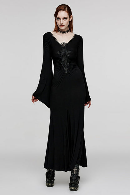 Black V Collar Long Sleeves Floral Embroidery Women's Gothic Dress