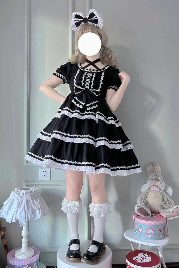 Black Triple-Layered Detachable Sleeves Bowknot Lace-Up Gothic Lolita Dress