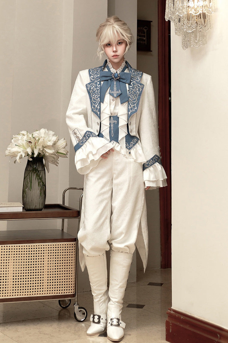 White [Moonlit Paladin Prince] Ruffle Embroidery Bowknot Classic Prince Handsome Ouji Lolita Set