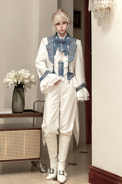 White [Moonlit Paladin Prince] Ruffle Embroidery Bowknot Classic Prince Handsome Ouji Lolita Set