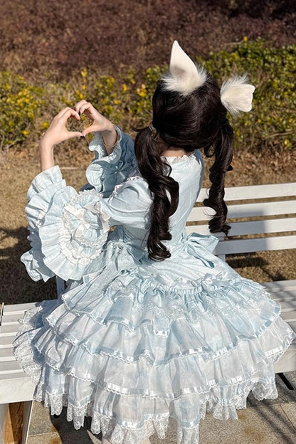 Blue [The Soloist Doll] Long Hime Sleeves Multi-Layered Print Ruffle Bowknot Asymmetric Sweet Lolita Dress