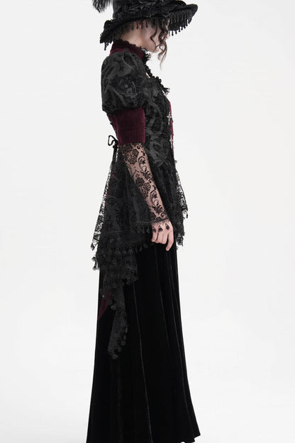 Wine Red Long Sleeves Hollow Lace Tassels Women's Gothic Jacket