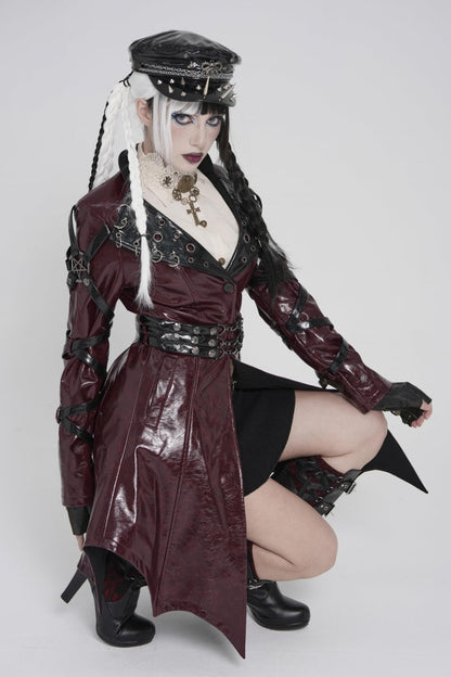 Red Lapel Collar Long Sleeves Lace-Up Irregular Eyelets & Rings Women's Punk Coat
