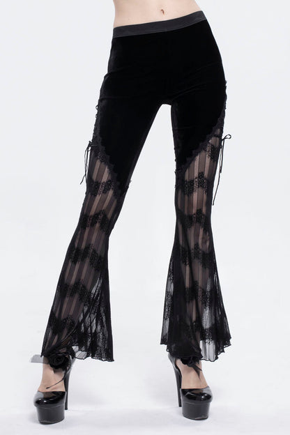 Black Striped Panel Semi Sheer Lace Up Long Women's Gothic Pants