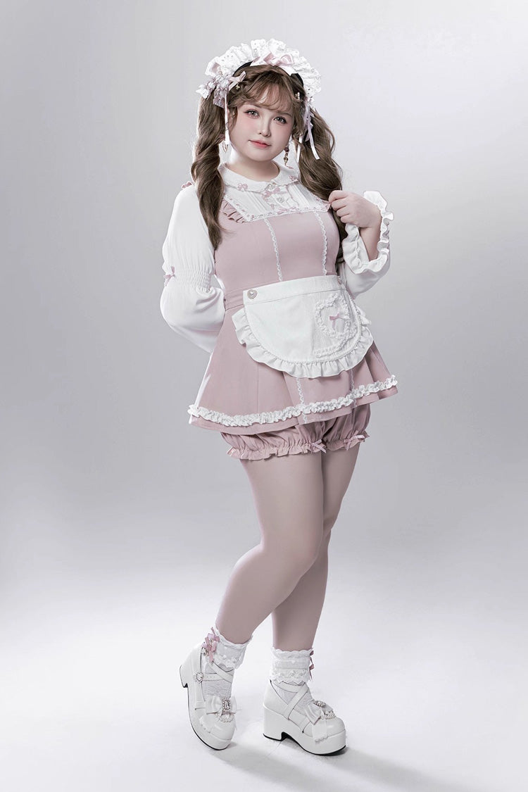 Pink/White [Showcase Doll] Japanese Maid-Style Long Sleeves Ruffle Bowknot Jirai Kei Japanese Dress Shorts Set with Detachable Apron