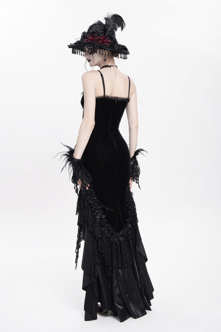 Black Sleeveless Cross Ruffled Floral Embroidered Chain-Decorated Women's Gothic Long Slip Dress