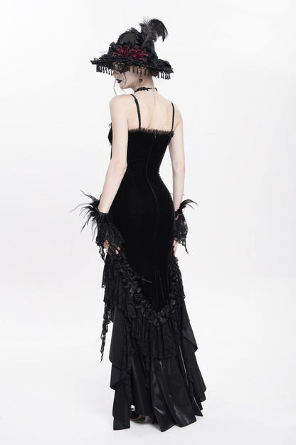Black Sleeveless Cross Ruffled Floral Embroidered Chain-Decorated Women's Gothic Long Slip Dress