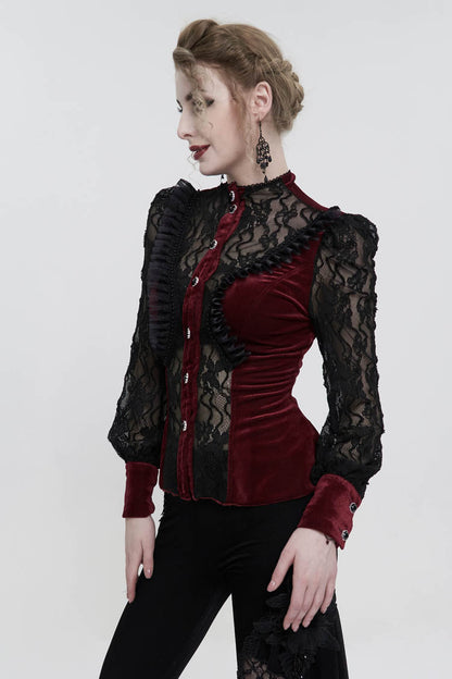 Red Velvet High Neck Lace Fake Bra Design Splicing Three-Dimensional Butterfly Mesh Women's Gothic Shirt