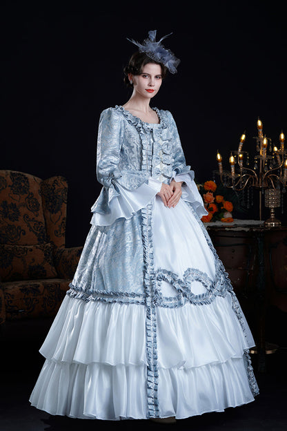 Blue Long Trumpet Sleeves Jacquard Ruffle Bowknot Princess Lolita Victorian Dress