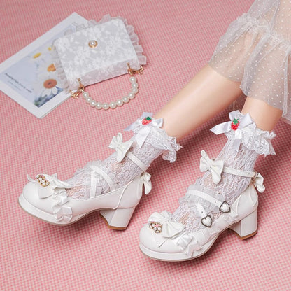 Sweet Bowknot Stitching Lace Princess Lolita High Heels 6 Colors