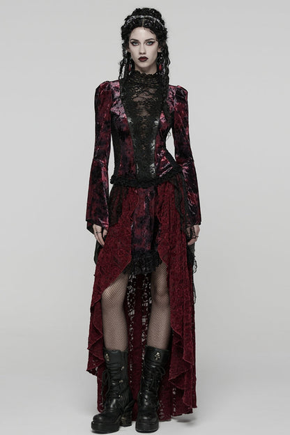 Black/Red Long Trumpet Sleeves Spliced Lace Lace-Up Women's Gothic Blouse